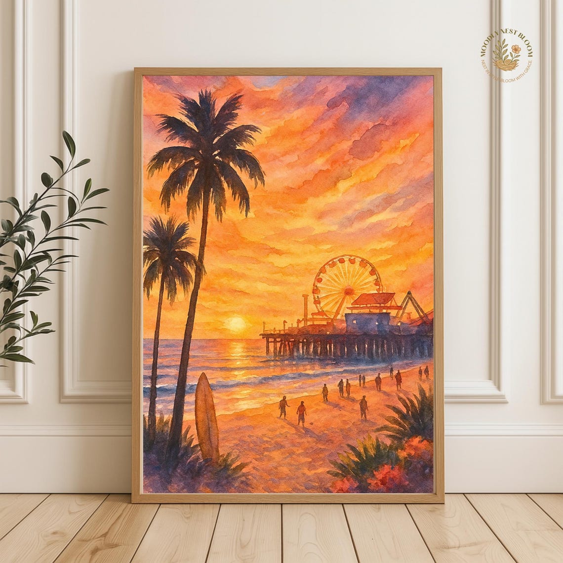 Sunset Pier Watercolor Poster Palm Trees Ferris Wheel Surfers Ocean