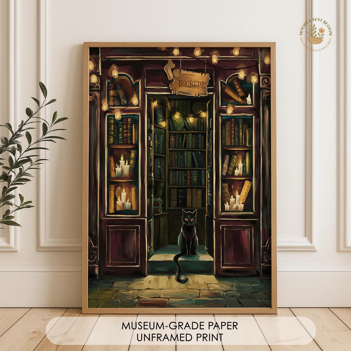 Black Cat at Candlelit Bookshop Cozy Gothic Fantasy Book Print