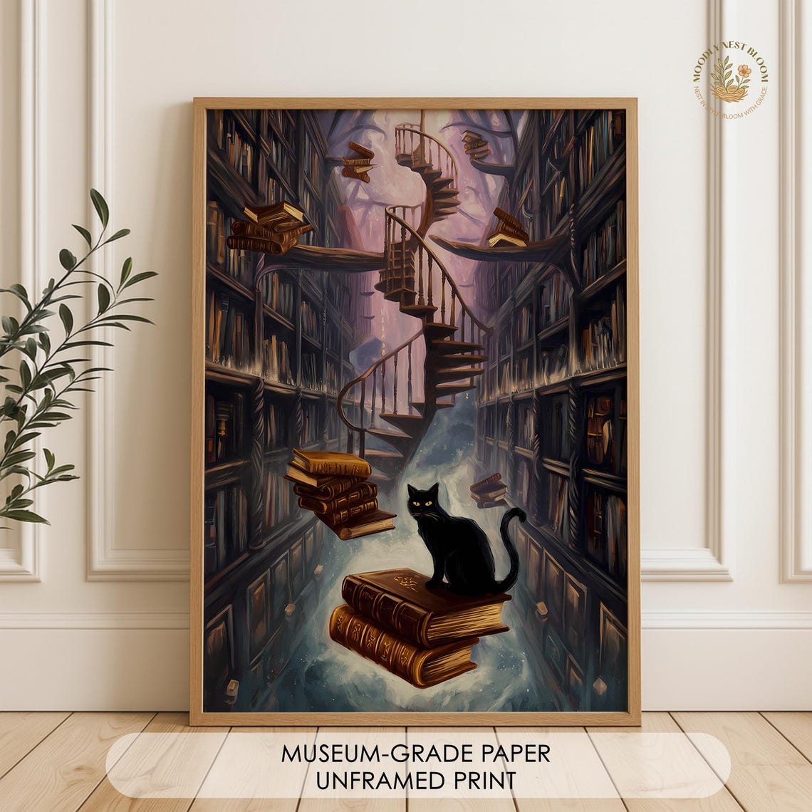Black Cat Floating Books Magical Spiral Staircase Library Poster