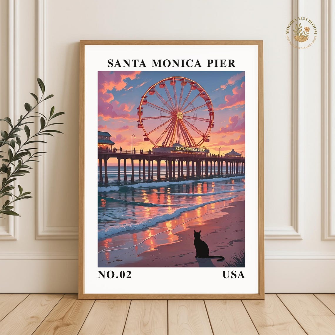 Santa Monica Pier Sunset Poster Ferris Wheel Black Cat Beach USA No02