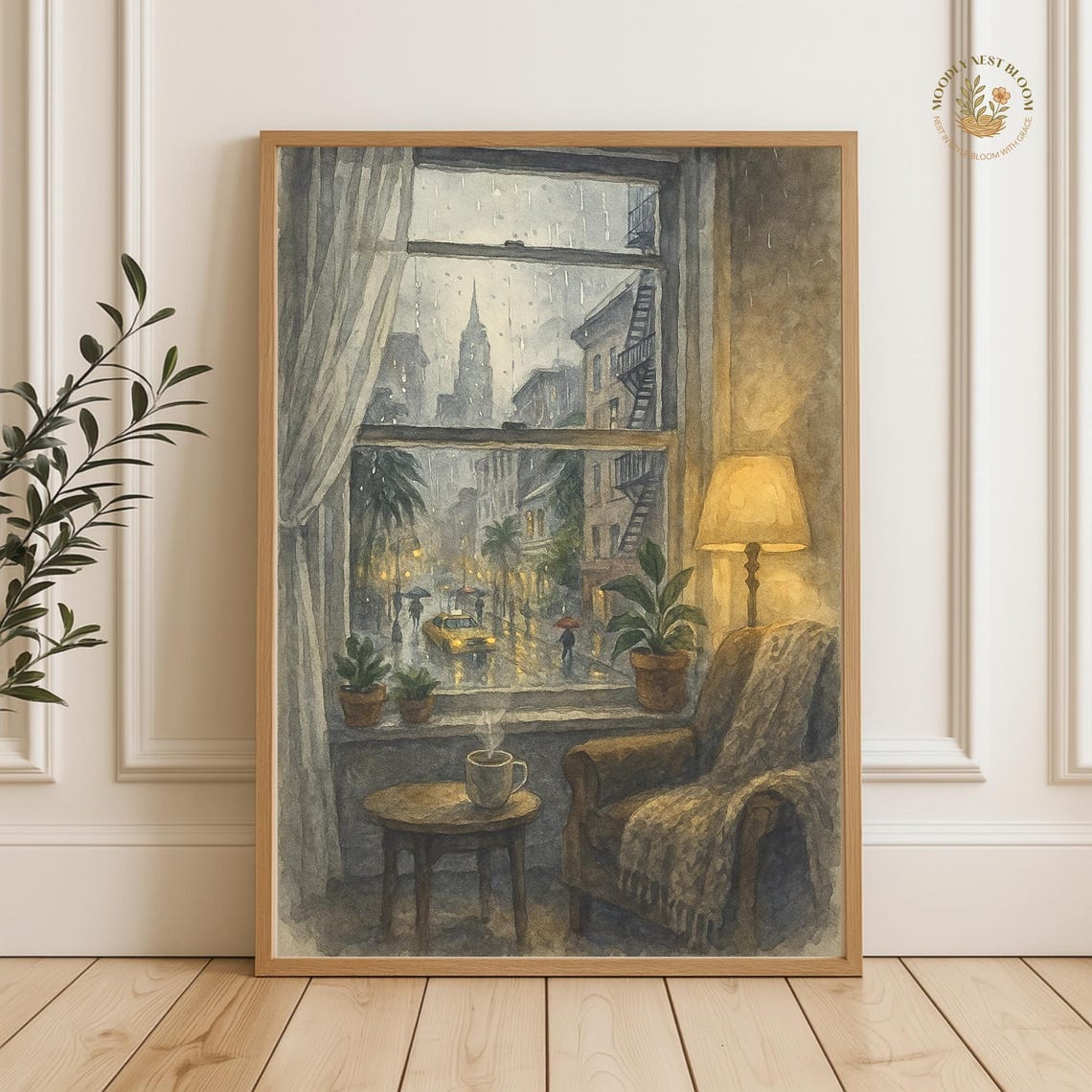 Rainy NYC Window Cozy Lamp Coffee Taxi Night City Art Poster