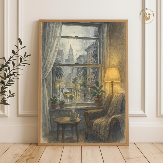 Rainy NYC Window Cozy Lamp Coffee Taxi Night City Art Poster