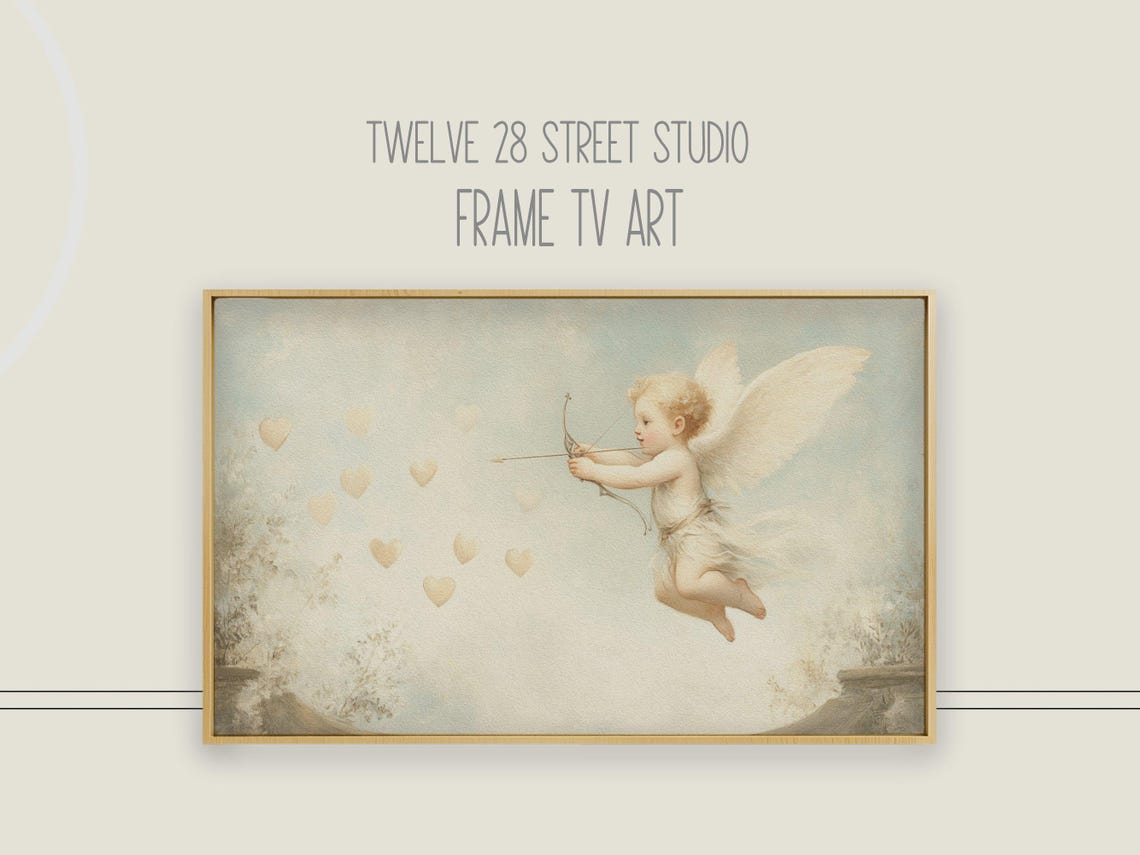 Valentines Day Vintage Cupid Aiming Bow Floating Hearts Sky Poster