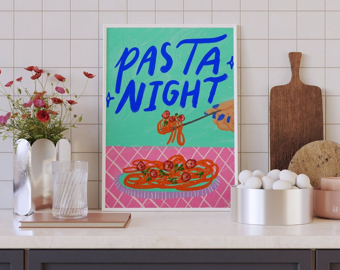Pasta Night Print Kitchen Wall Art Spaghetti Illustration