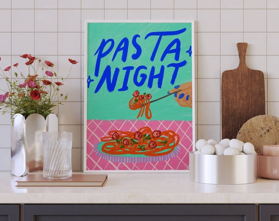 Pasta Night Print Kitchen Wall Art Spaghetti Illustration