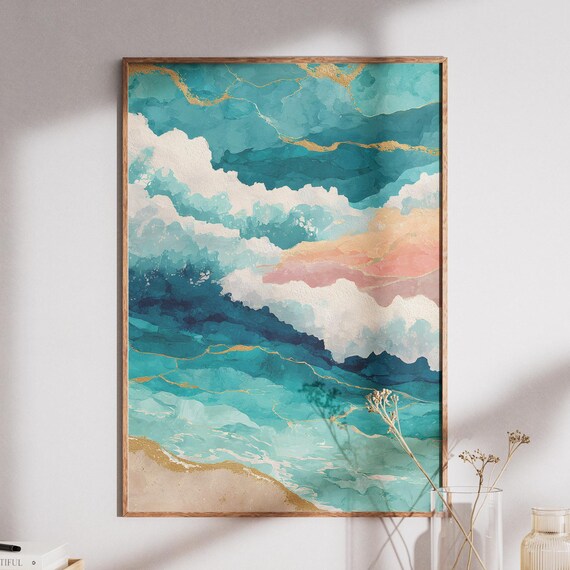 Modern Teal Gold Abstract Ocean Wave Fluid Coastal Decor Print