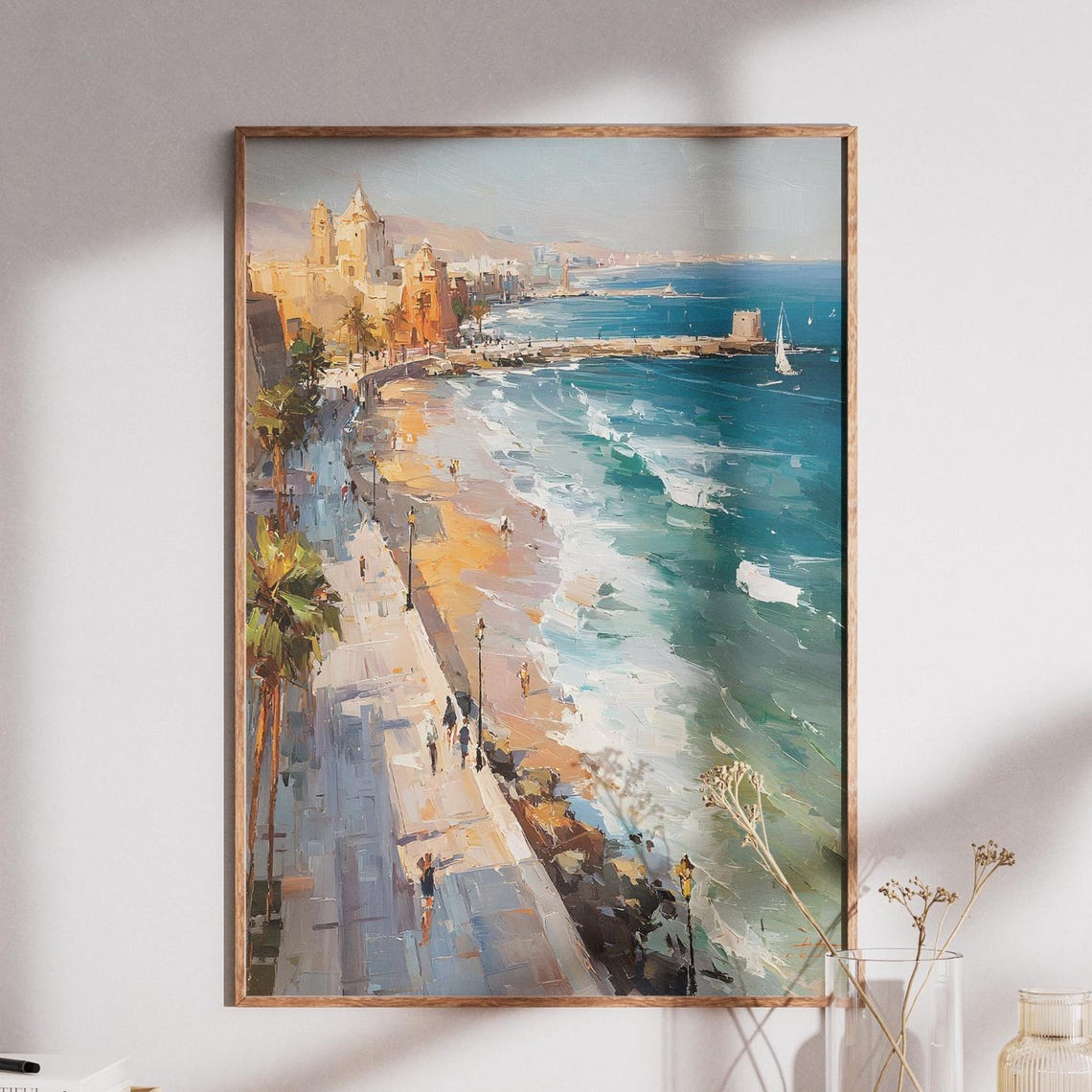 Mediterranean Coastal Town Beach Promenade Castle Painting Poster
