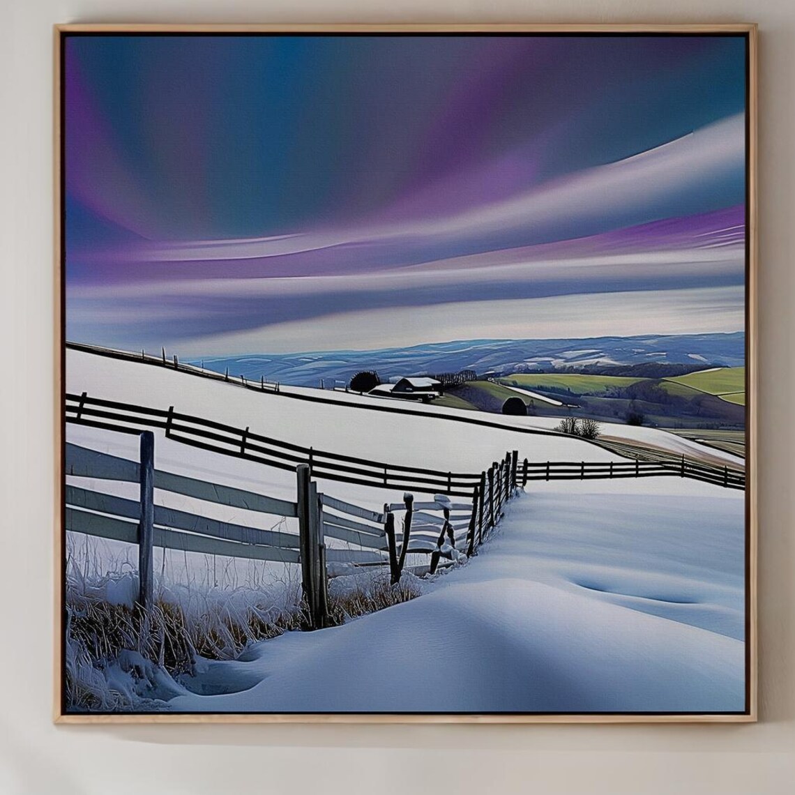 Snowy Countryside Farm With Wooden Fences Under Twilight Sky Winter Print
