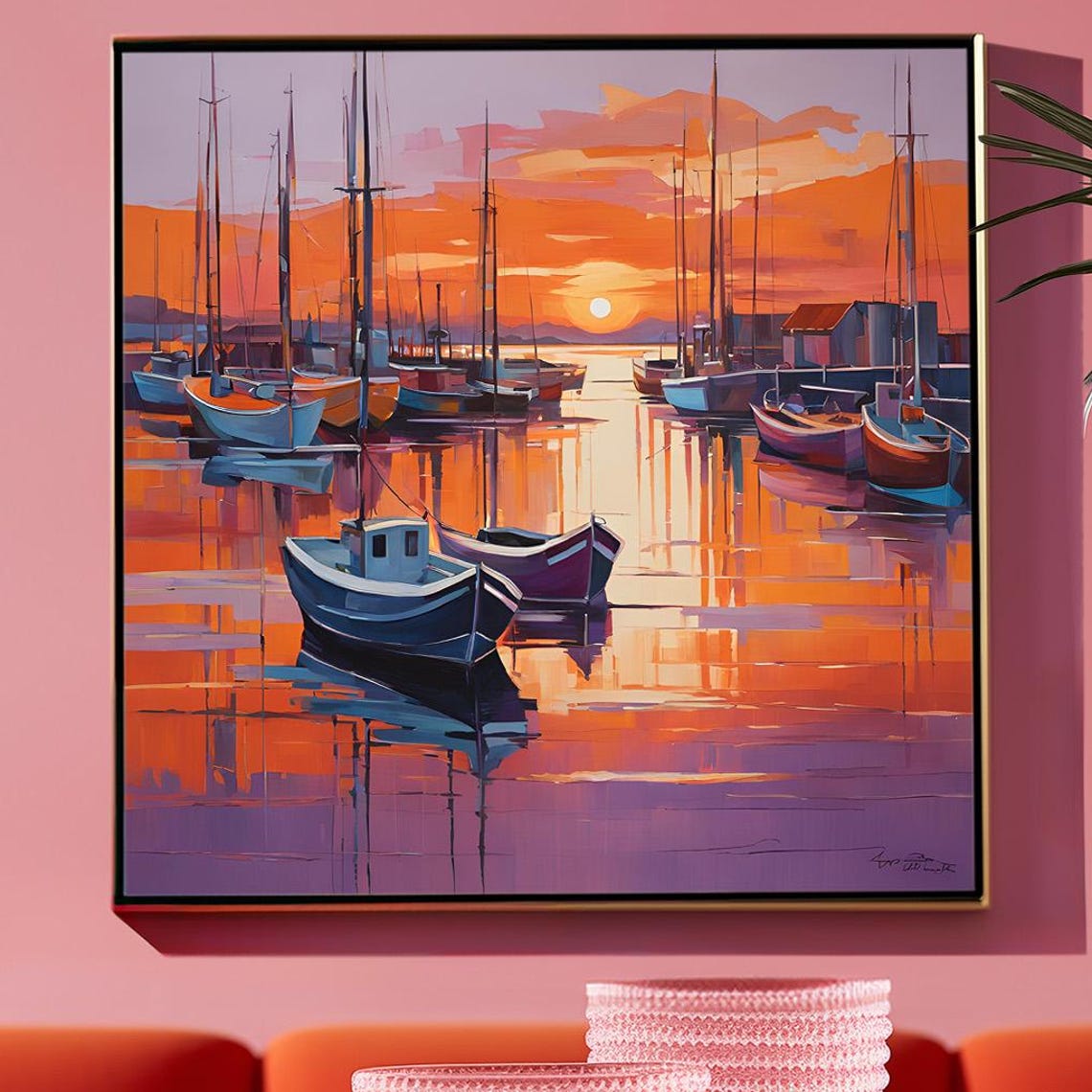 Harbor Sunset With Sailboats On Reflective Orange Water Maritime Print