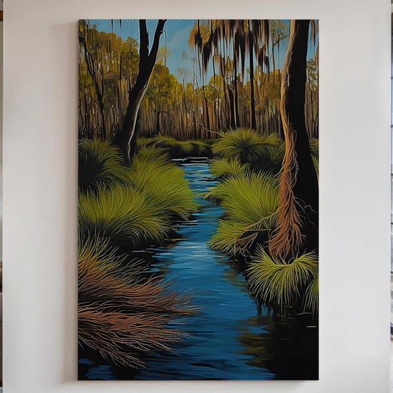 Cypress Swamp Canvas Print Or Poster Still Blue Stream Wetlands Wall Art 82
