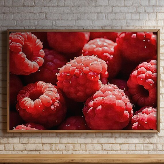 Fresh Red Raspberries Close Up Macro Fruit Photography Kitchen Poster