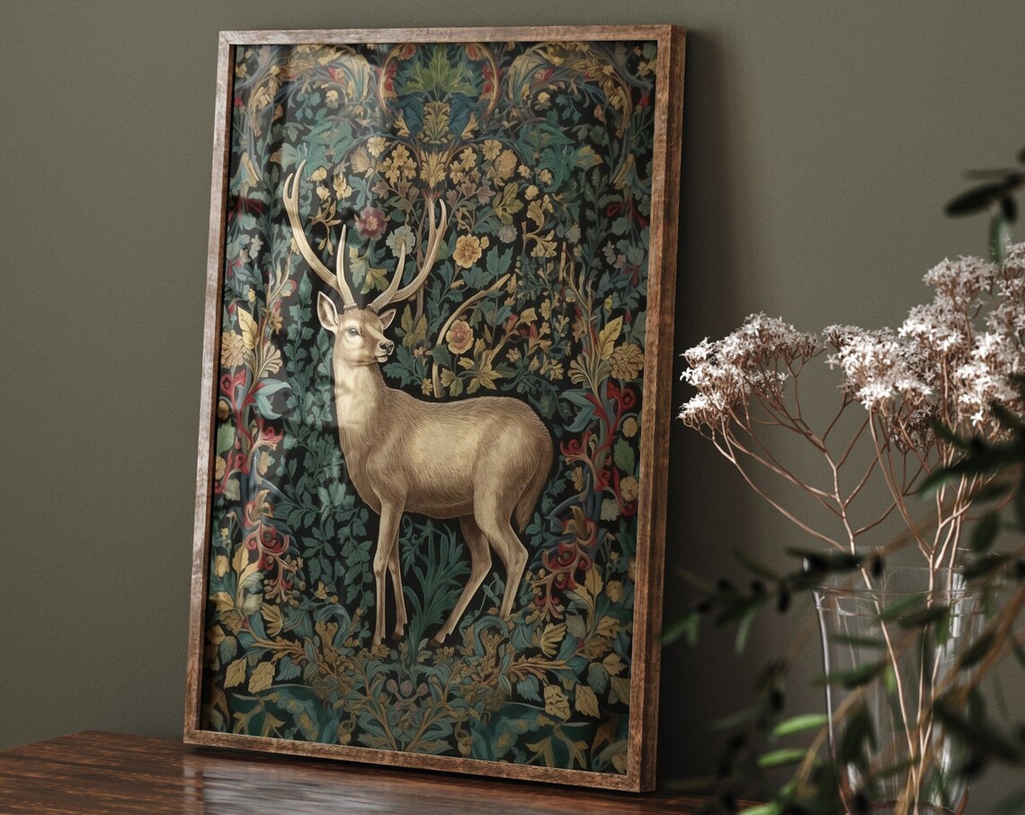 William Morris-Inspired Deer Art Print, Nature Wall Art