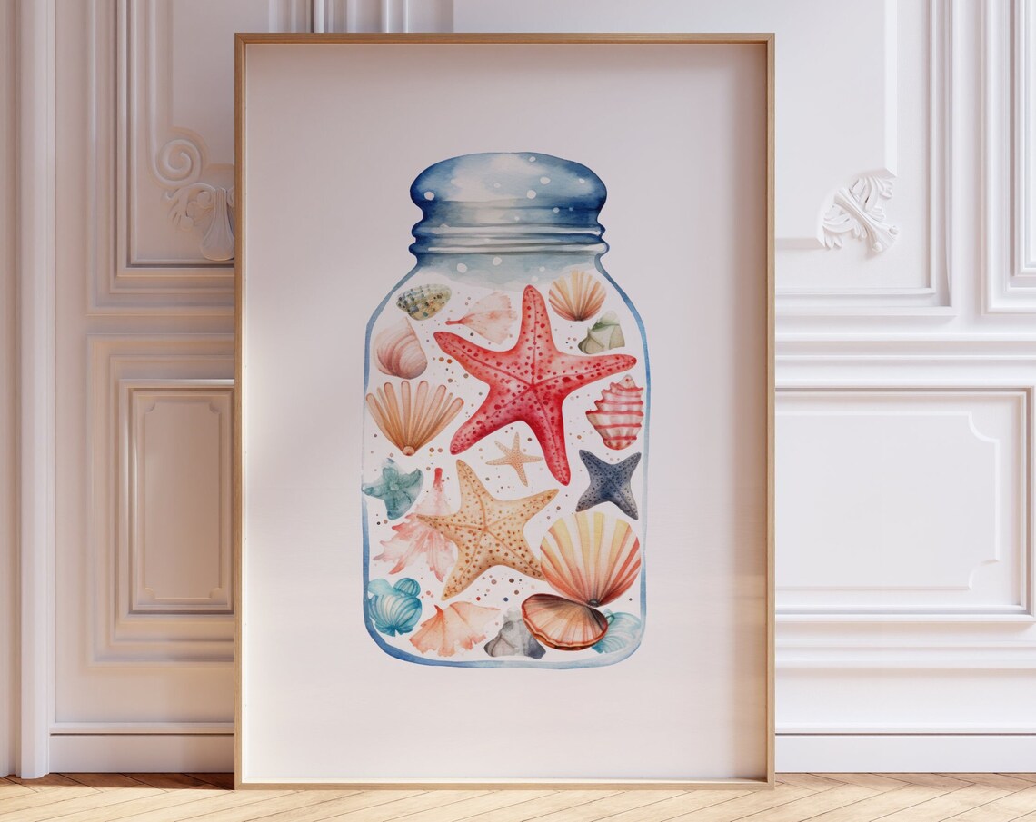 Watercolor Starfish And Seashells In Tall Mason Jar Coastal Poster - Image 2