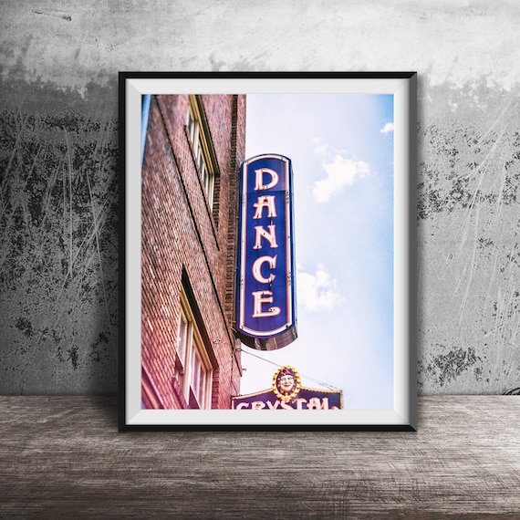 Vintage Blue DANCE Blade Sign Brick Building Neon Light Poster