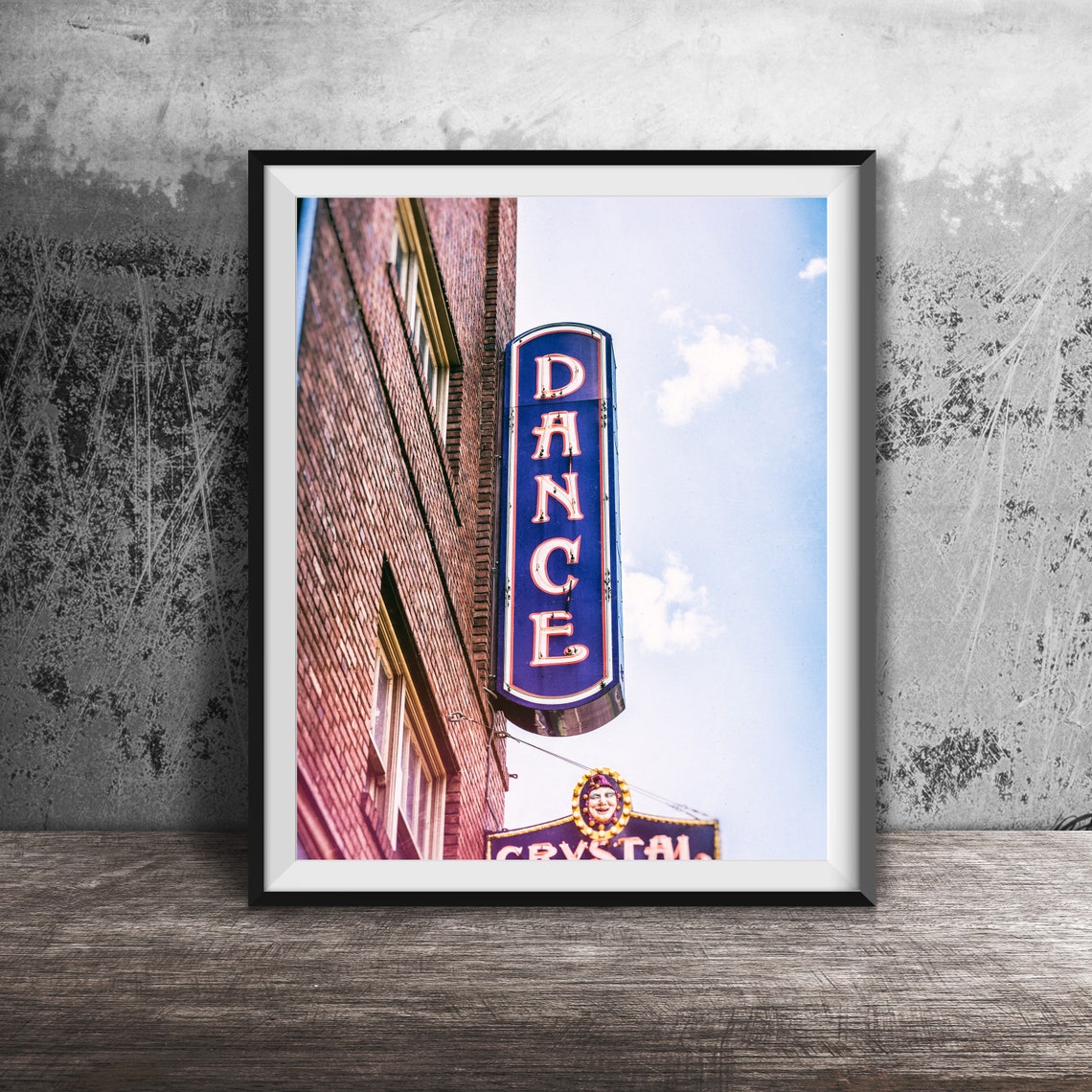 Vintage Blue DANCE Blade Sign Brick Building Neon Light Poster