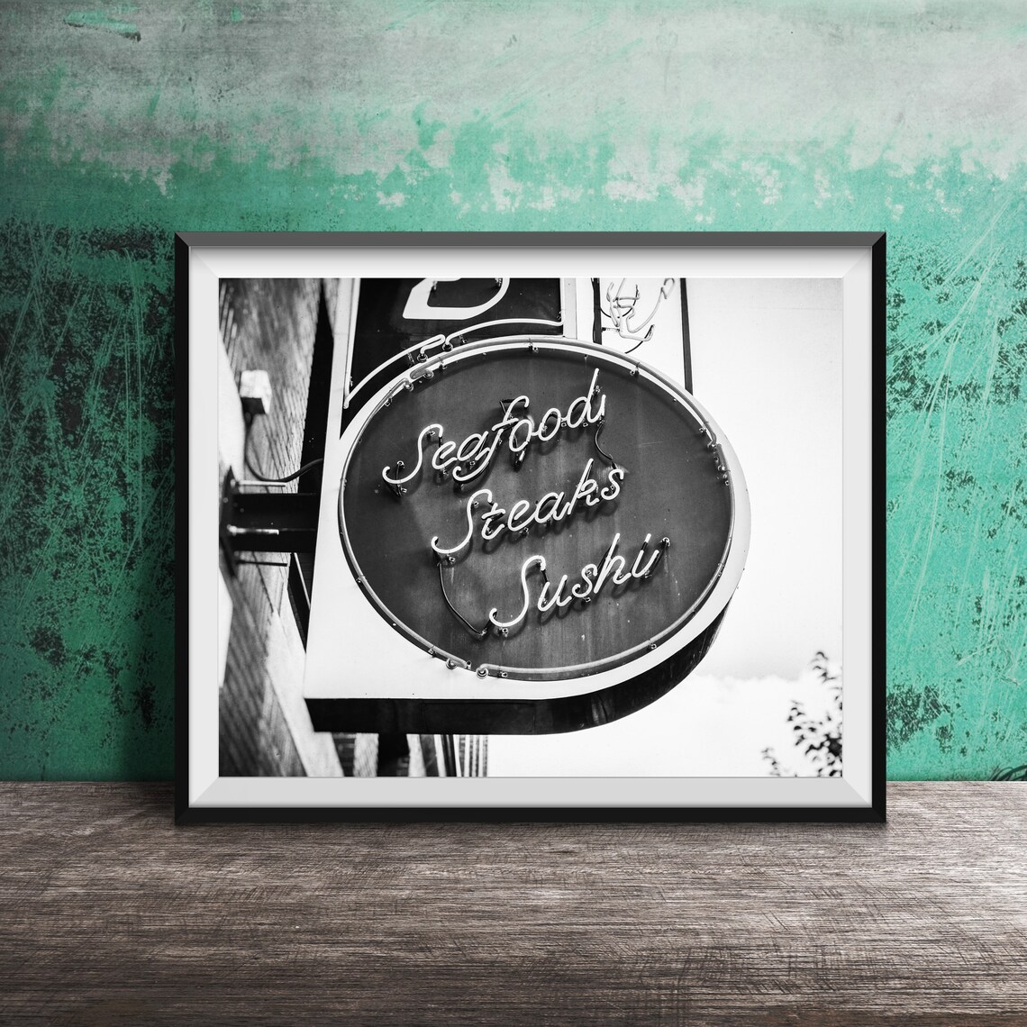 Seafood Steaks Sushi Red Oval Vintage Neon Restaurant Sign Poster - Image 2