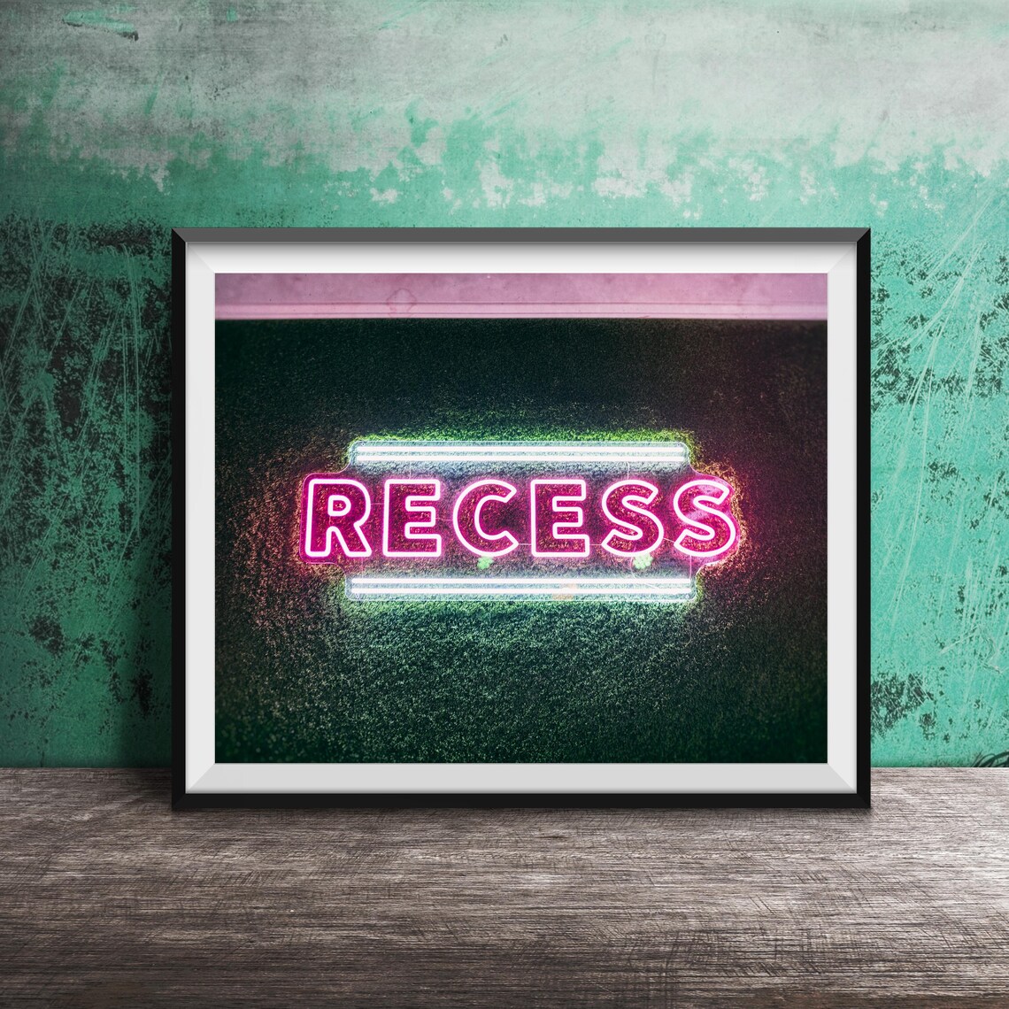 Recess Pink Neon Sign on Green Moss Wall Bar Photography Poster