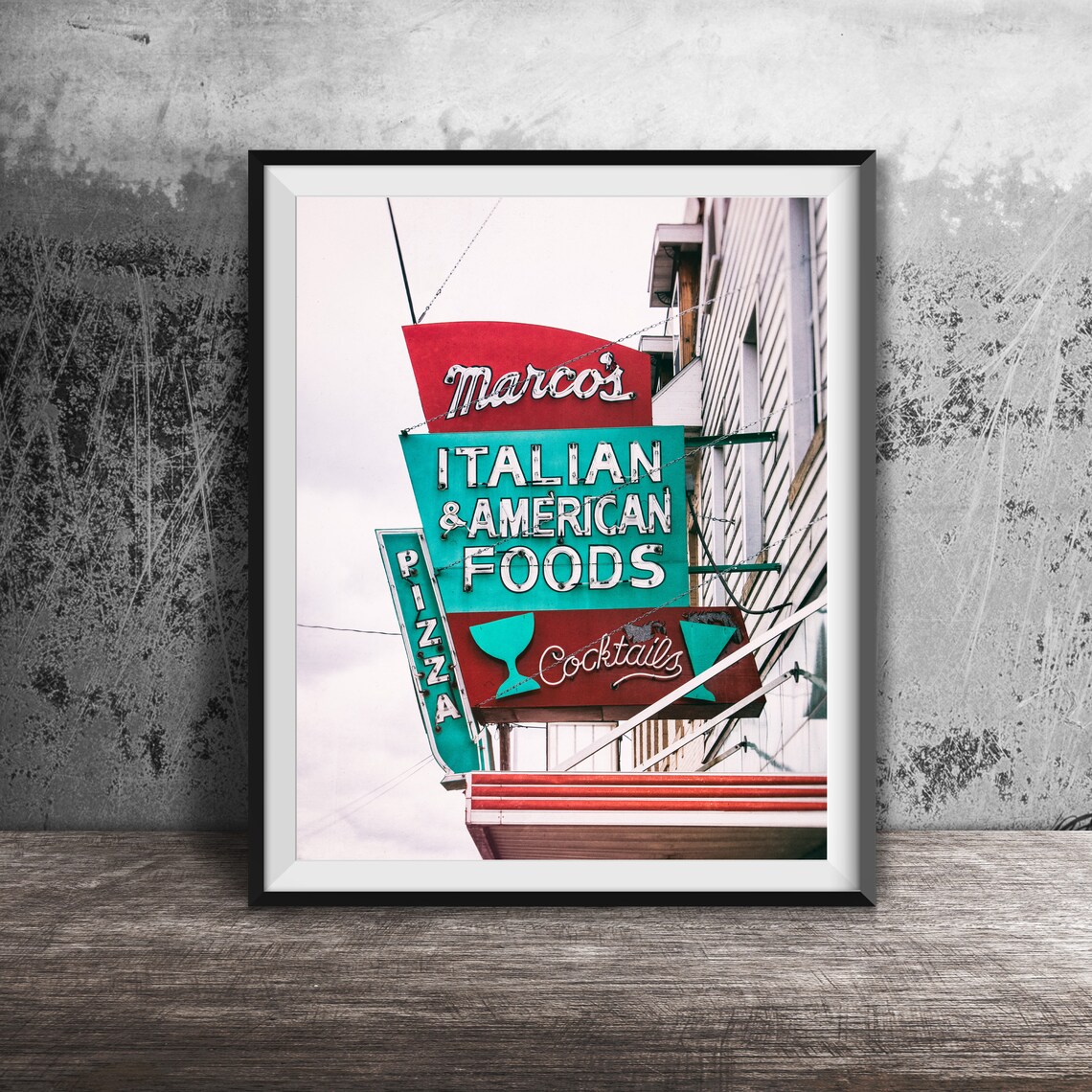 Marcos Italian And American Foods Pizza Cocktails Sign Poster