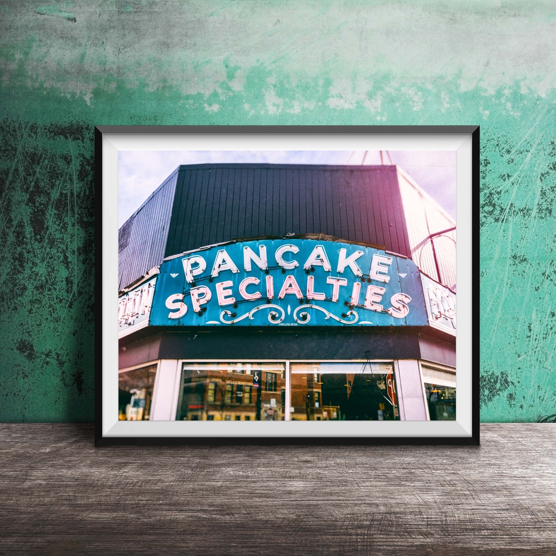 Pancake Specialties Blue Neon Sign Corner Diner Window Poster