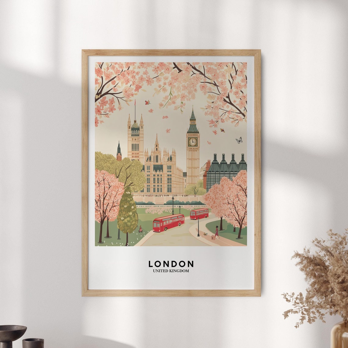 London Spring Cherry Blossom Big Ben Red Bus Pastel Art Poster