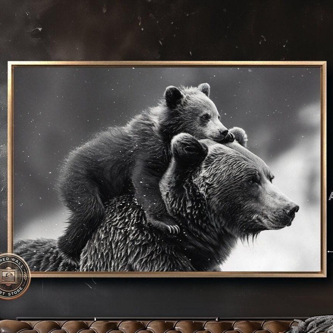 Bear and Cub Family, Black and White Wildlife Art Print