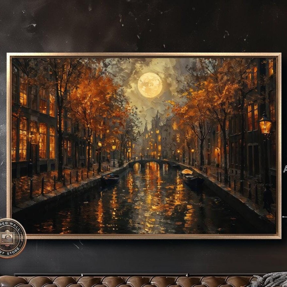 Moonlit Old Town Canal Night Lights Autumn Trees Cityscape Art Poster