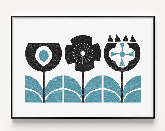 Scandinavian Trio Black Teal Flowers Modern Nordic Botanical Wall Poster