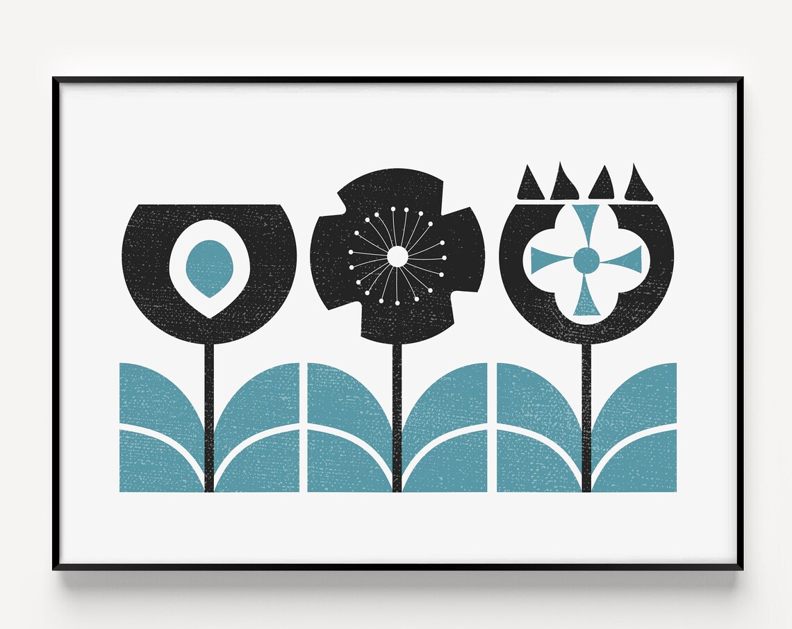 Scandinavian Trio Black Teal Flowers Modern Nordic Botanical Wall Poster