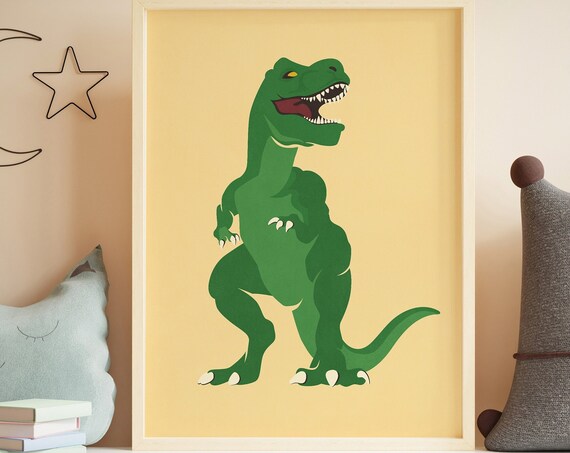 Green T Rex Dinosaur Cartoon Nursery Kids Playroom Bedroom Wall Art