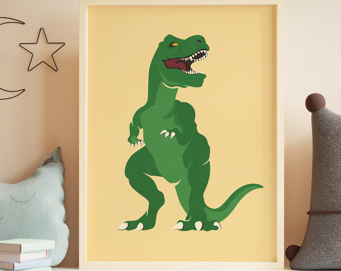Green T Rex Dinosaur Cartoon Nursery Kids Playroom Bedroom Wall Art
