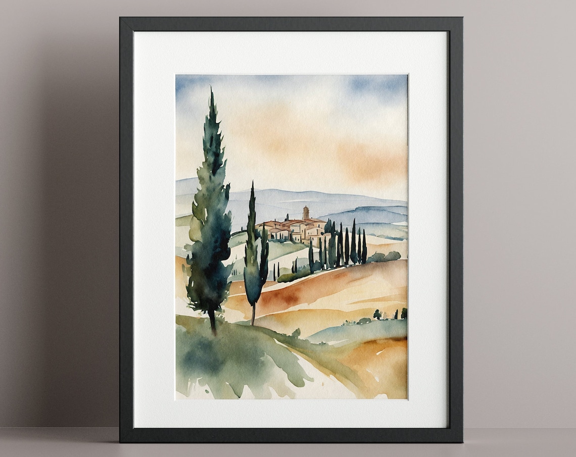 Watercolor Tuscany Landscape Travel Poster, Siena Italy