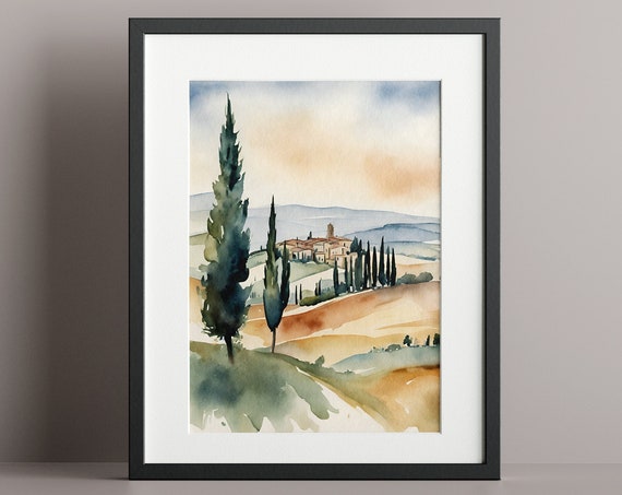 Watercolor Tuscany Landscape Travel Poster, Siena Italy