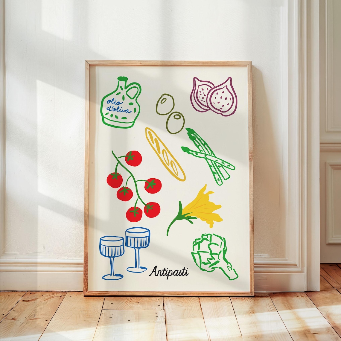 Mediterranean Food Art Print Kitchen Decor Dining Room Wall Colorful Illustration Trendy Maximalist Retro Dinner Table
