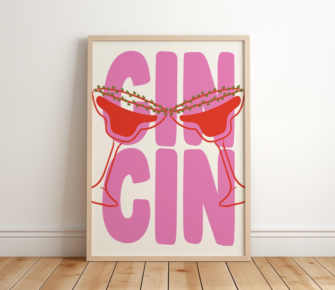 Cin Cin Cocktail Glasses Pink Typography Retro Bar Cart Poster