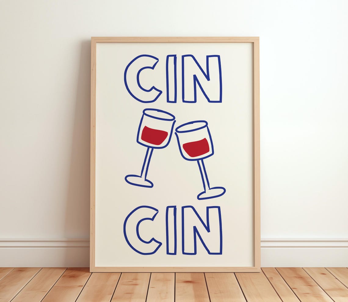 Cin Cin Wine Glasses Clinking Fun Bold Typography Bar Poster