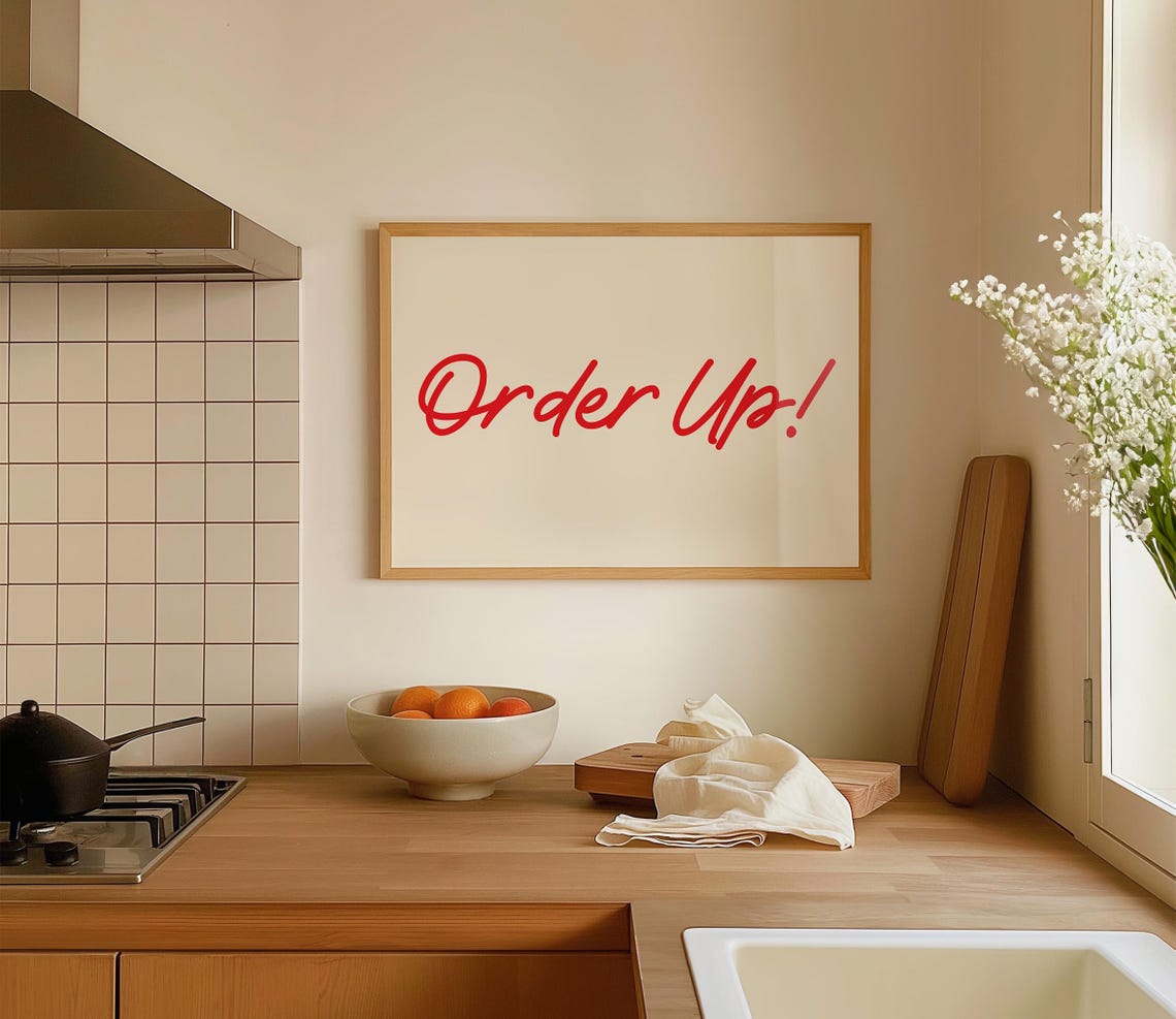 Order Up Red Script Minimalist Diner Kitchen Typography Poster
