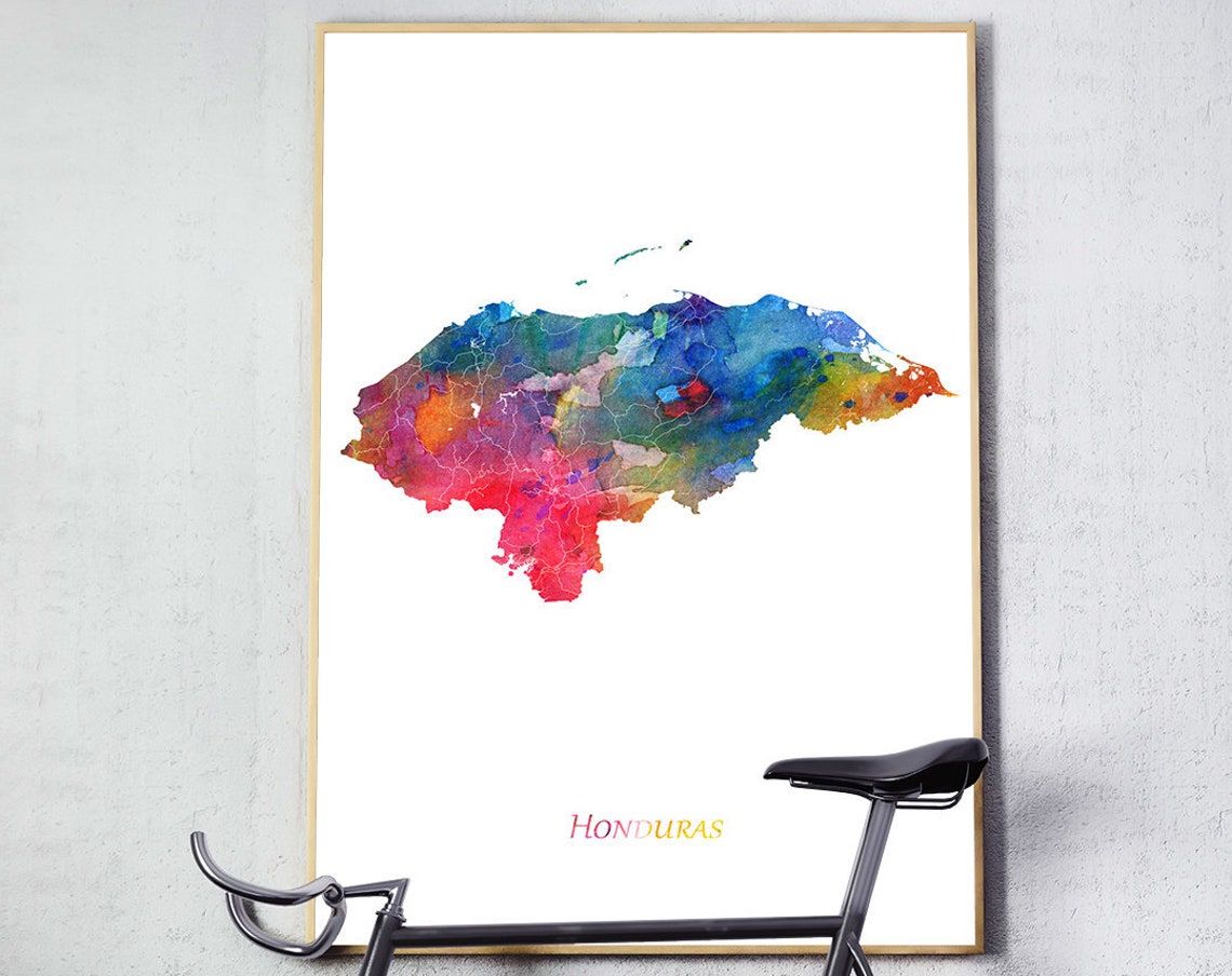 Honduras Map Rainbow Watercolor Poster Colorful Travel Decor