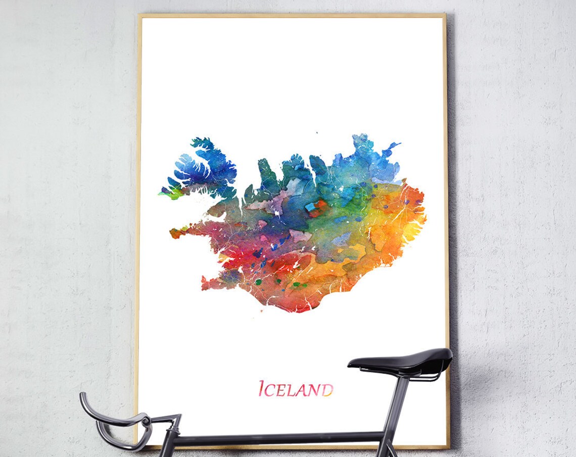 Iceland Watercolor Map Print Colorful Country Outline Home Office Wall Decor
