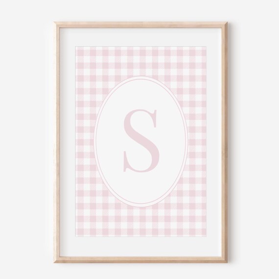 Pastel Pink Gingham Initial S Oval Nursery Monogram Wall Art