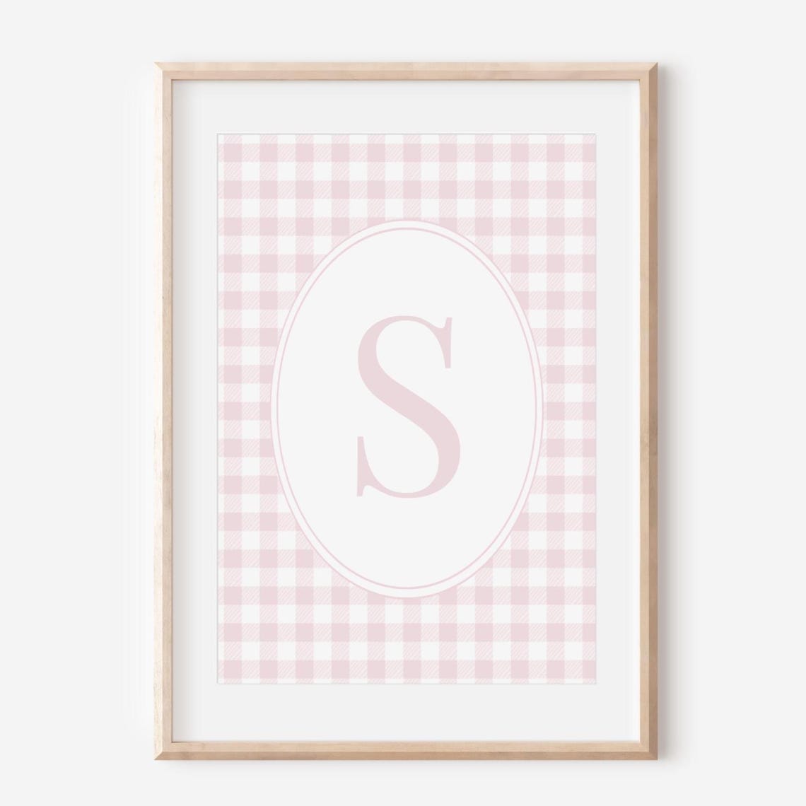 Pastel Pink Gingham Initial S Oval Nursery Monogram Wall Art