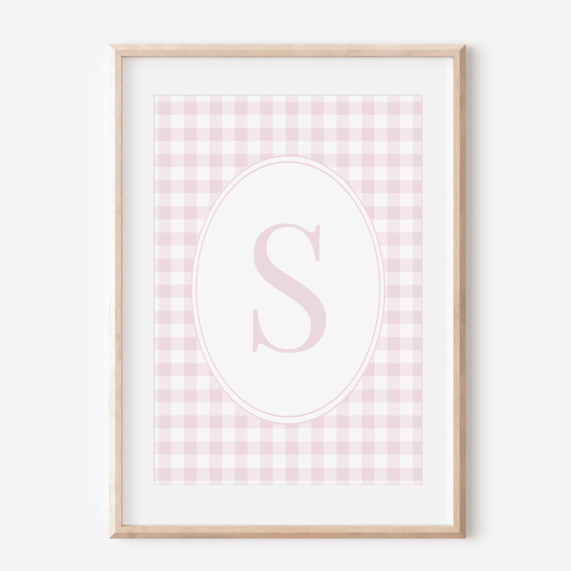 Pastel Pink Nursery Gingham Decor Custom Initial Baby Girl Bedroom Wall Hanging Personalized Daughter Poster