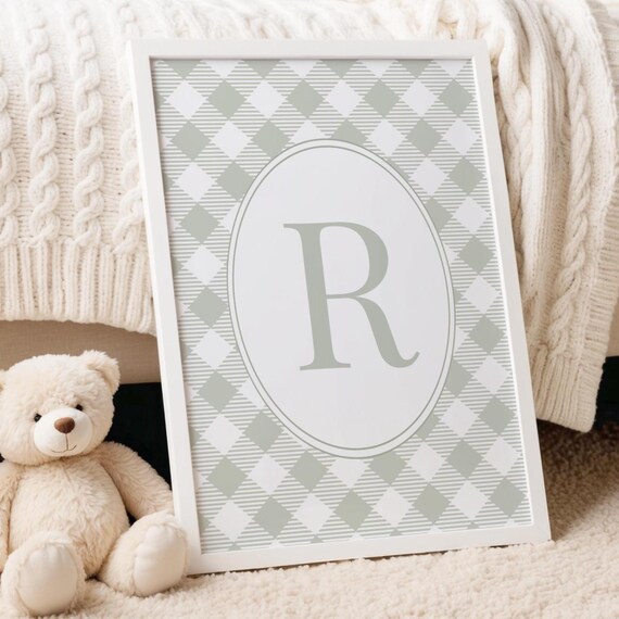 Sage Gingham Letter R Monogram Oval Nursery Baby Room Wall Art