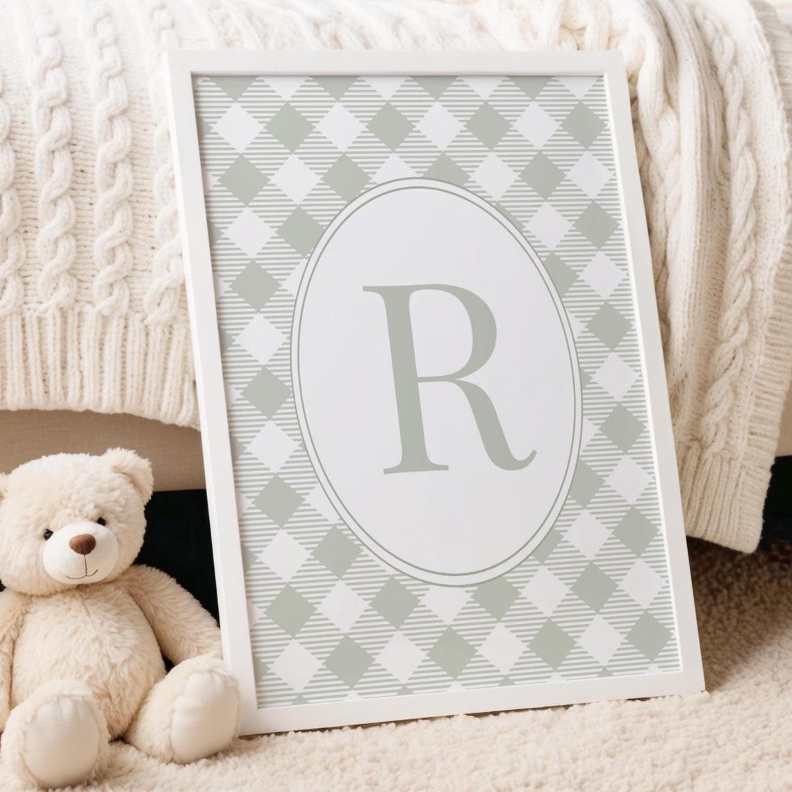 Sage Gingham Letter R Monogram Oval Nursery Baby Room Wall Art