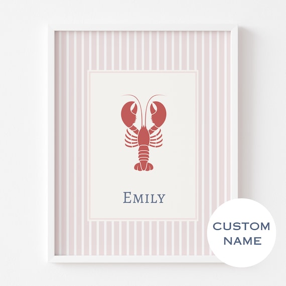 Custom Name Lobster Poster Pink Striped Coastal Girl Nursery Decor