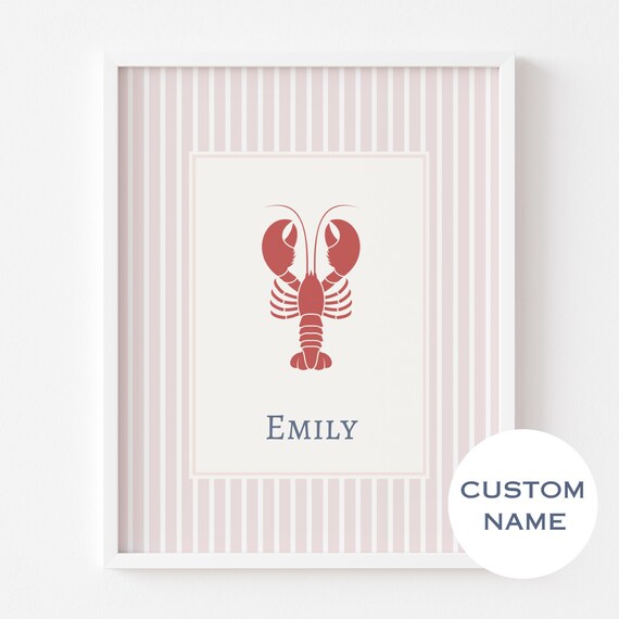 Girl Bedroom Pastel Stripes Decor Under The Sea Pink Blue Nursery Wall Art Childs Name Print Baby Birthday Personalized Gift Lobster