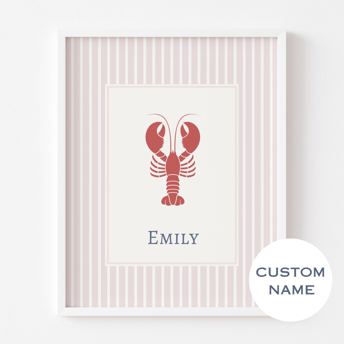 Custom Name Lobster Poster Pink Striped Coastal Girl Nursery Decor