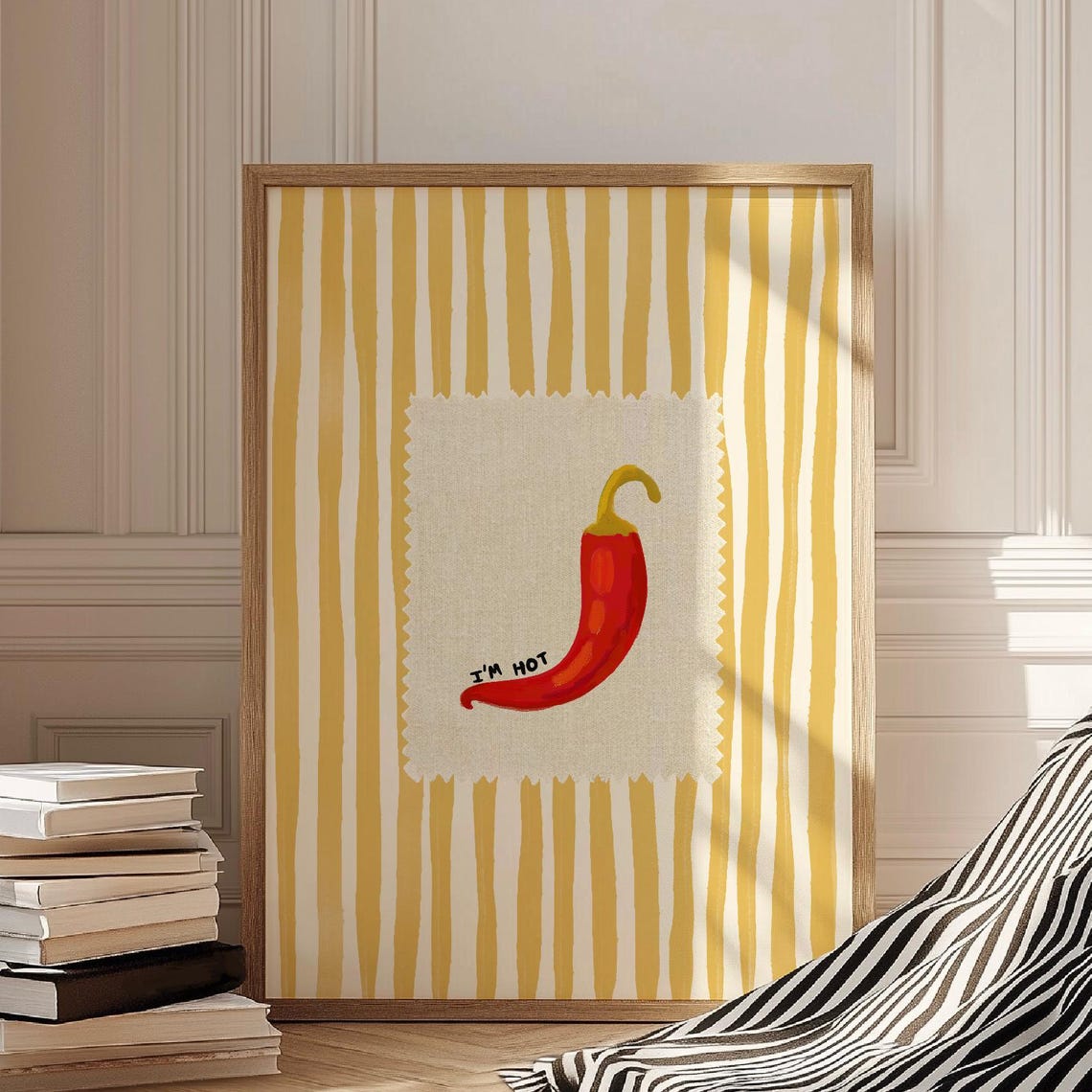 Red Chili Pepper I Am Hot Mustard Stripes Kitchen Wall Poster