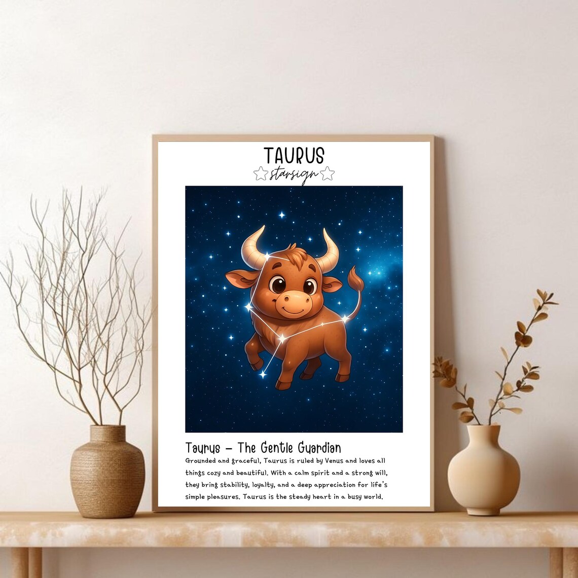 Taurus Starsign Cute Brown Bull Kids Zodiac Constellation Poster