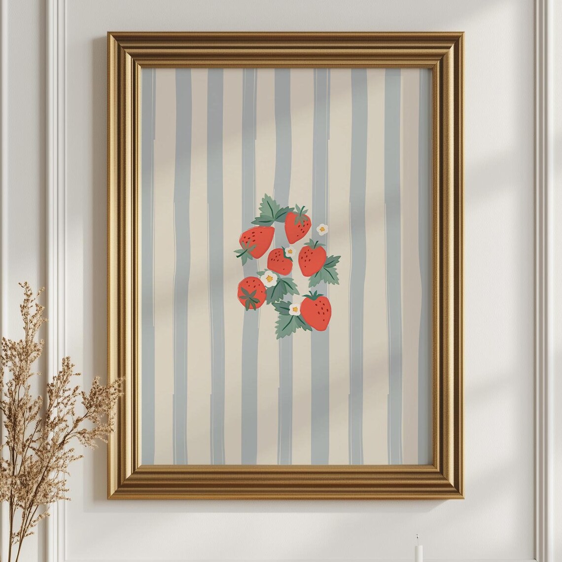 Strawberry Branch Red Berries Blue White Striped Kitchen Wall Art - Image 3