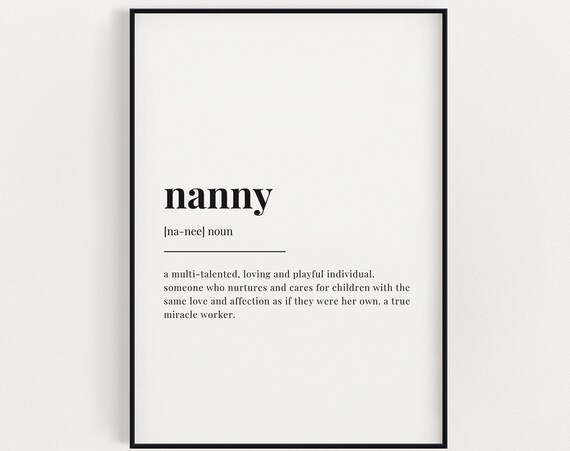 Nanny Dictionary Definition Meaning Typographic Wall Art for a Loving Nanny